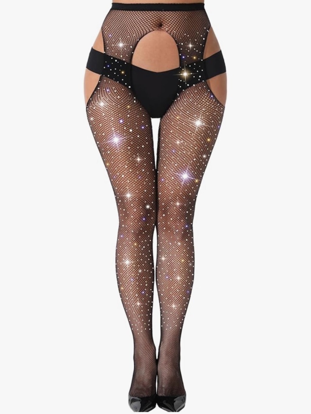 Black Sparkle Fishnet Garter Tights - Women's Fashion